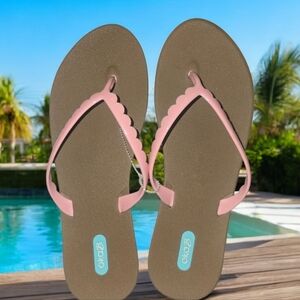 OKA b. Pink and Brown Scalloped Bristol Flip Flops Ladies Size 9US/ 39EU
